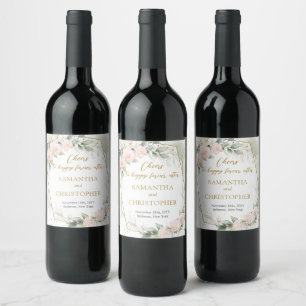 Opulent blush roses eucalyptus and gold wedding wine label
