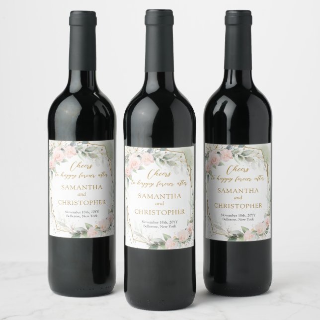 Opulent blush roses eucalyptus and gold wedding wine label (Bottles)