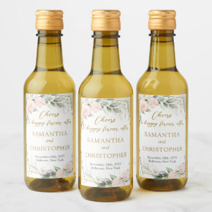 Opulent blush roses eucalyptus and gold wedding wine label