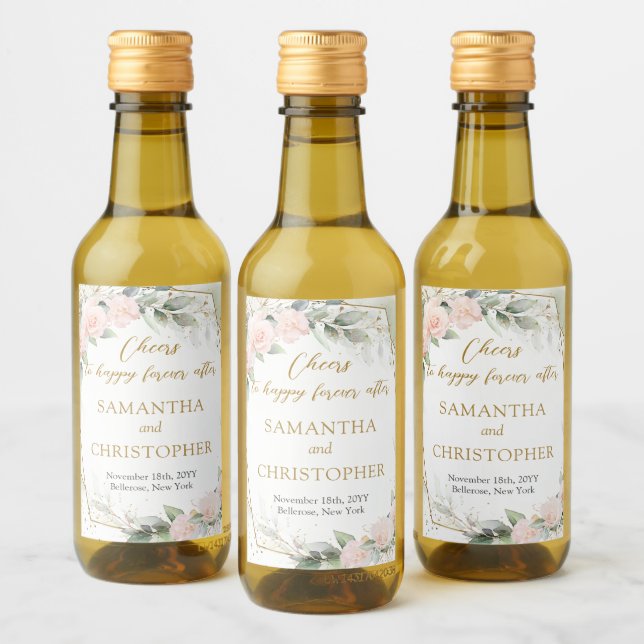 Opulent blush roses eucalyptus and gold wedding wine label (Bottles)