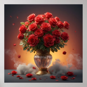 Opulent Bouquet Red Roses in Elegant Crystal Vase Poster
