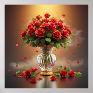 Opulent Bouquet Red Roses in Elegant Crystal Vase Poster