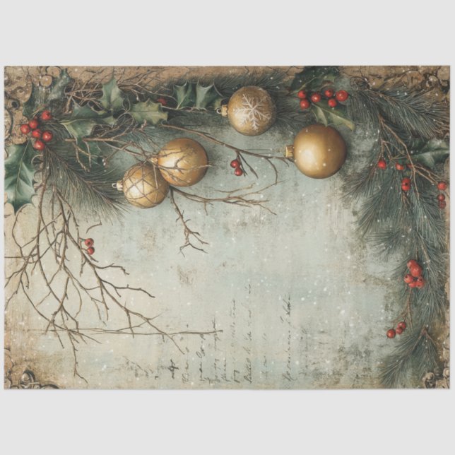 Opulent Christmas greenery and gold baubles Tissue Paper (Front)