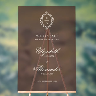 Opulent Crest Brown Old Money Wedding Welcome Acrylic Sign
