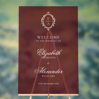 Opulent Crest Burgundy Old Money Wedding Welcome Acrylic Sign