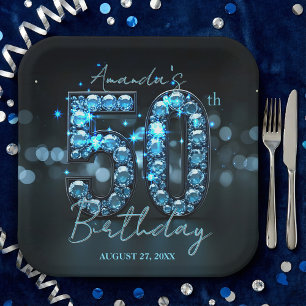 Opulent Elegant Teal Blue Diamonds 50th Birthday Paper Plate
