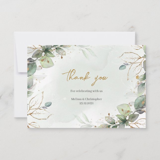 Opulent eucalyptus greenery and gold thank you card (Front)