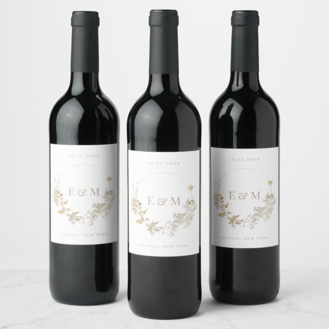 Opulent Gilded Garden Wreath Wedding Wine Label (Bottles)