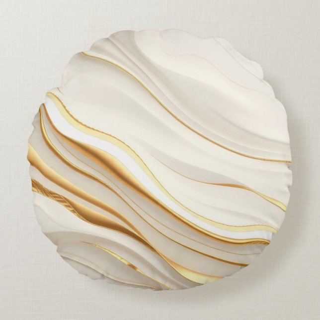 "Opulent Gold and Cream Marble Swirls" Round Pillow (Front)