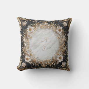 Opulent Gold Baroque Floral Black Marble Throw Pillow