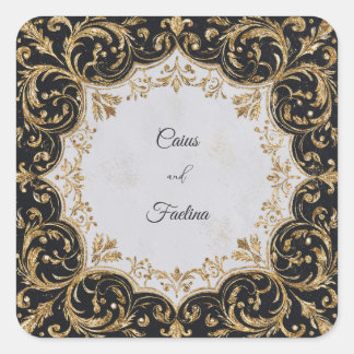 Opulent Gold Glitter Baroque Black Wedding Square Sticker