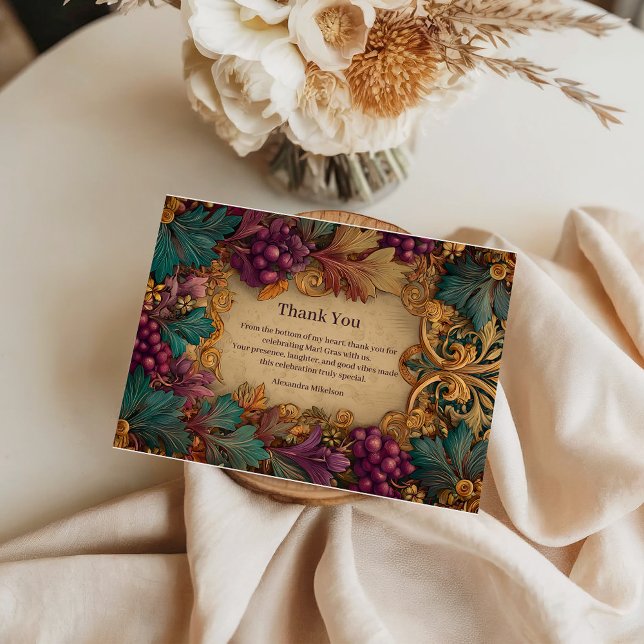 Opulent Grape Leaf Mardi Gras Masquerade Thank You Card (Creator Uploaded)