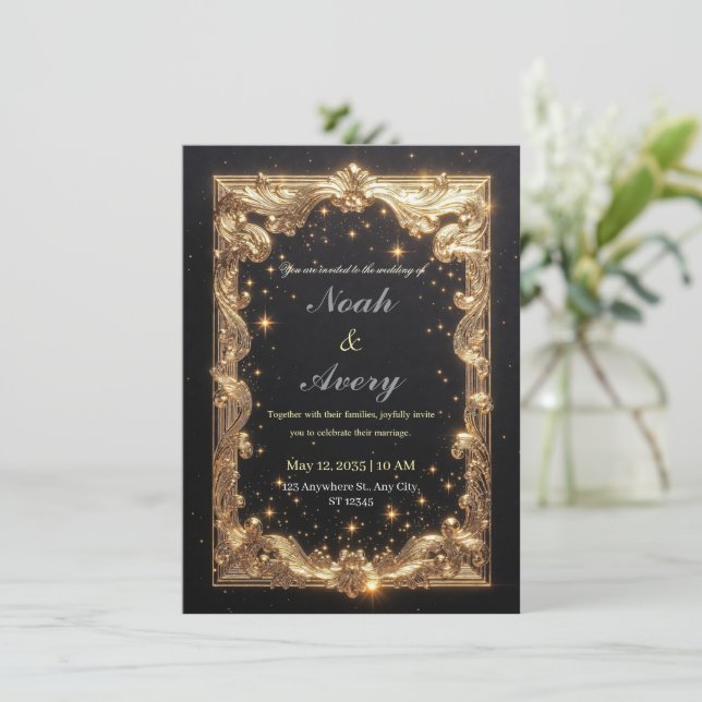 Opulent Matte Black & Gold Foil Wedding Card Desig (Standing Front)