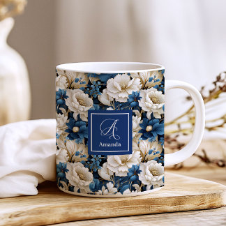 Opulent Navy Blue Flowers Custom Name Coffee Mug
