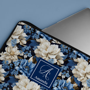 Opulent Navy Blue Flowers Elegant Laptop Sleeve