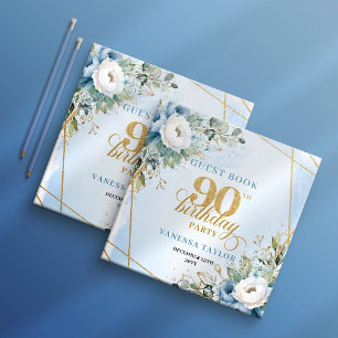 Opulent Pastel Blue Gold 90th Birthday Sign In Guest Book