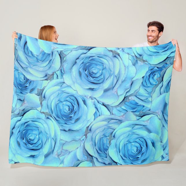 Opulent rose design in turquoise fleece blanket (In Situ)