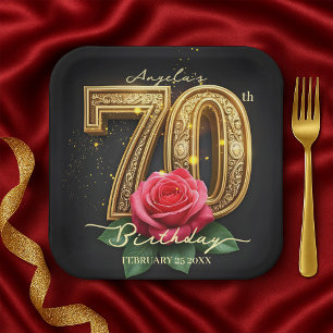 Opulent Rose Ornate Filigree Gold 70th Birthday Paper Plate