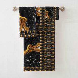 Opulent Swirl Full Liquid Gold Black Monochrome Lx Bath Towel Set