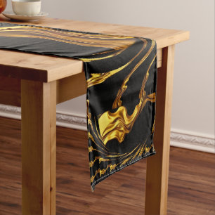 Opulent Swirl Liquid Gold Black Monochrom Designer Short Table Runner