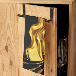 Opulent Swirl Liquid Gold Black Monochrome Design Kitchen Towel