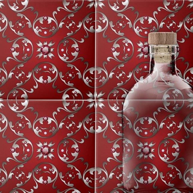 Opulent Victorian Scarlet Red and Silver Swirls  Tile (Creator Uploaded)