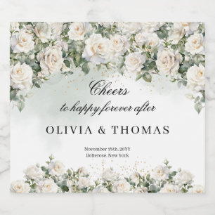 Opulent watercolor bouquet white roses greenery liquor bottle label