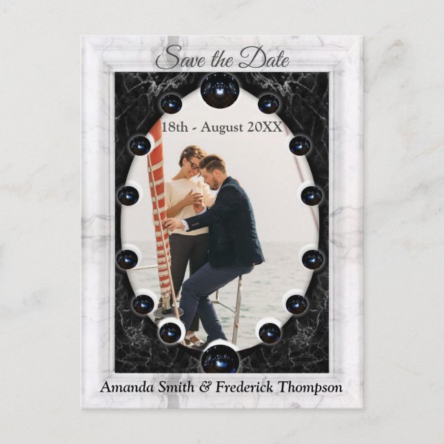 Opulent  White & Black Marble + Spheres Announcement Postcard (Front)