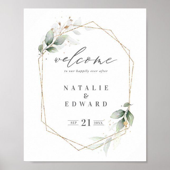 or aquarelle géométrique verdure poster mariage (Devant)