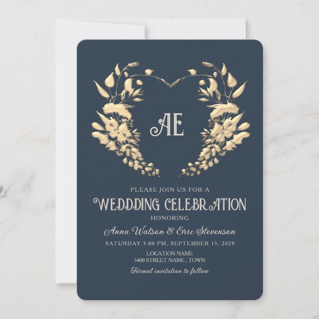 Or baroque et Faire-part de mariage bleu marine (Devant)