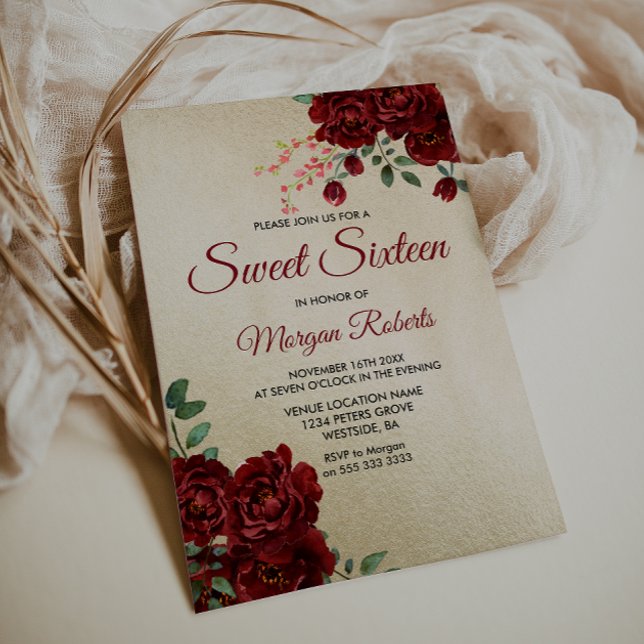 Or Bourgogne Rouge Rose Floral Sweet 16 Invitation (Créateur téléchargé)