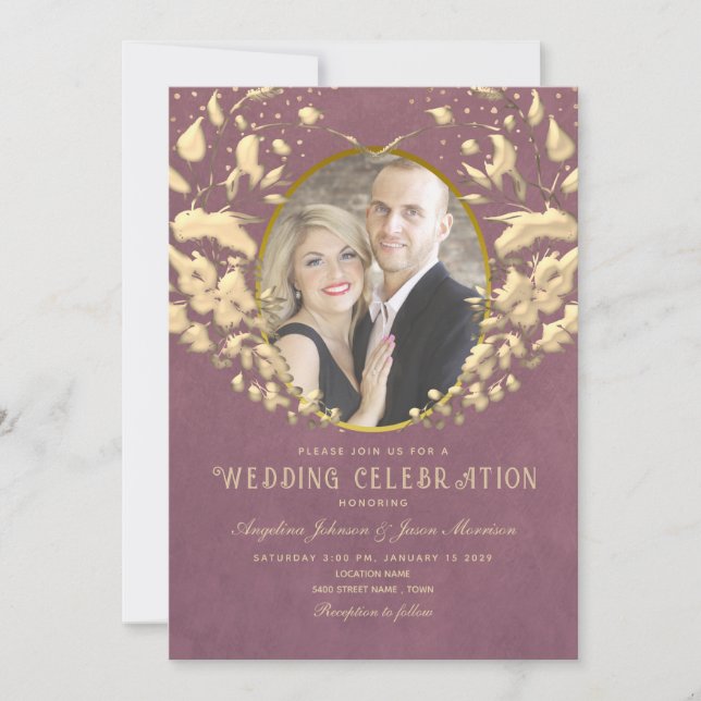 Or de luxe et Faire-part de mariage violet (Devant)