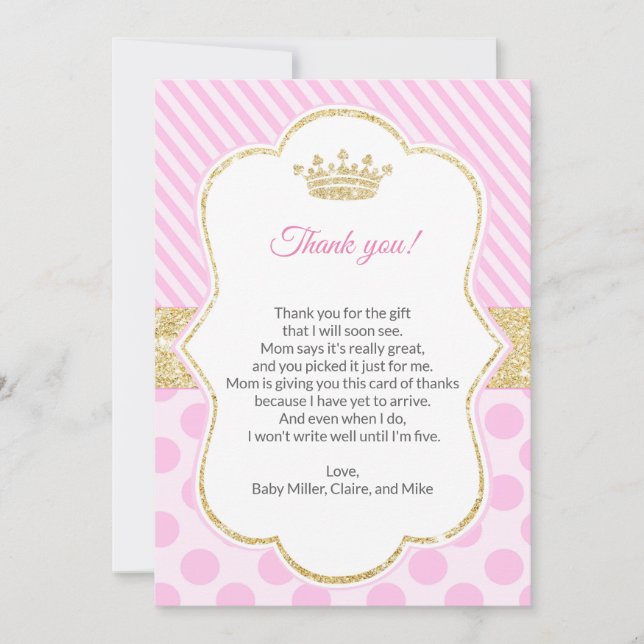 Or de rose de carte de remerciements de princesse (Devant)