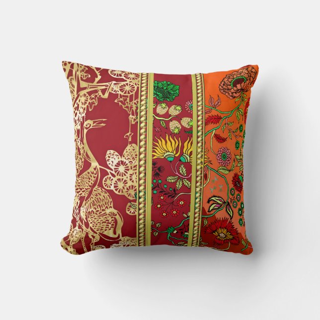 Or Élégant, Rouge, Flore Orange Jeter Oreiller (Recto)
