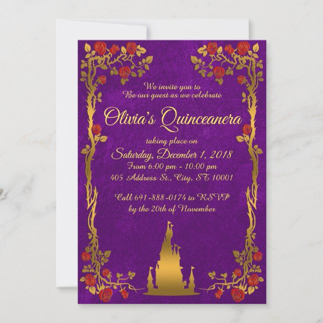 Or et invitation pourpre de Quinceanera de conte (Devant)