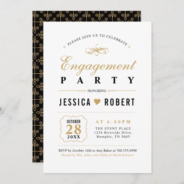 Or et noir | Elegant Engagement Party Invitation (Devant / Derrière)