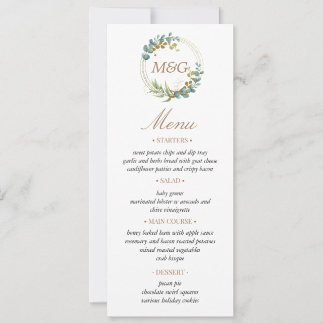 or eucalyptus vert Mariage Carte menu (Devant)