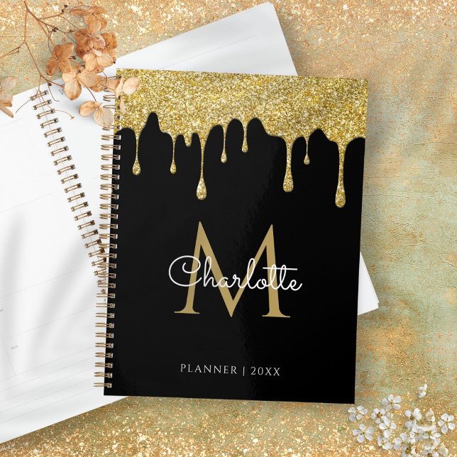 Or Glitter Glitter Gouttes Monogramme Script Année (Black Gold Glitter Drips Monogram Script Year Planner)