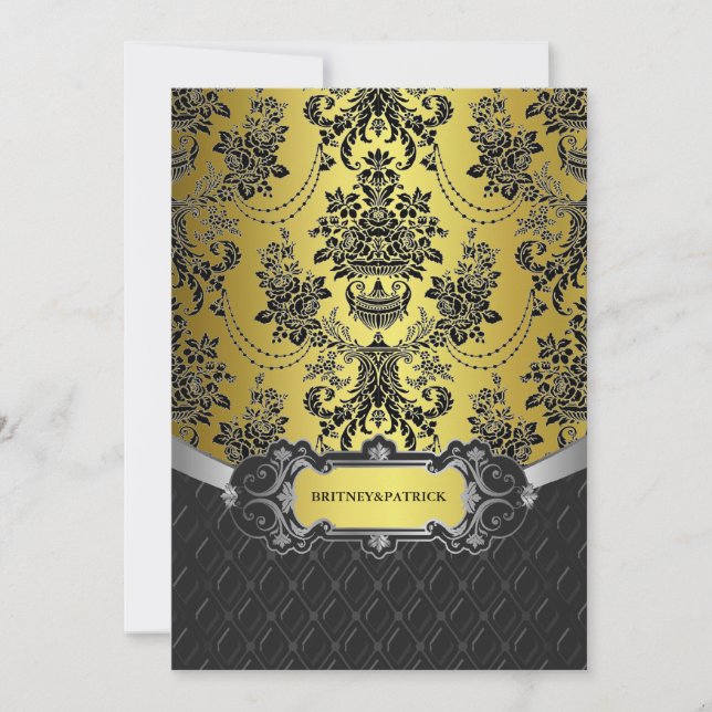 Or jaune et invitations noires de mariage damassé (Devant)