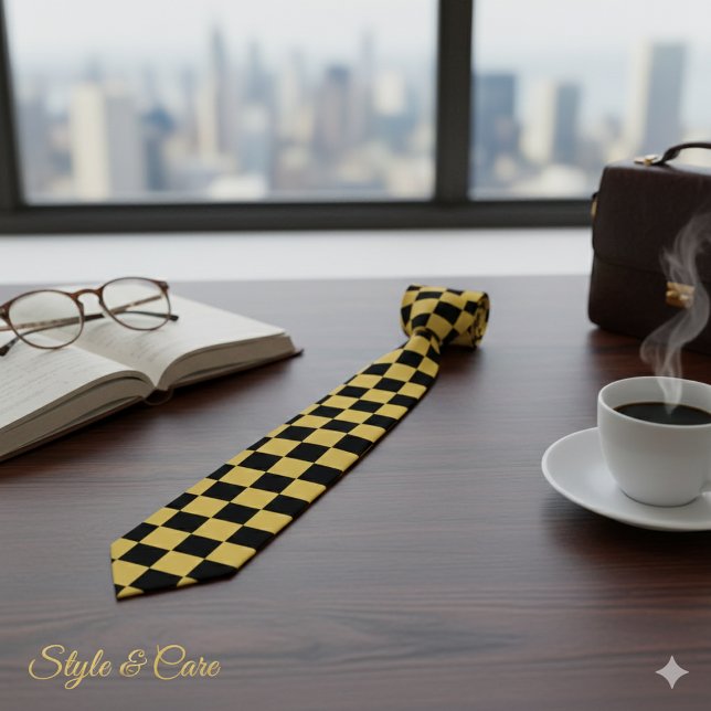 Or métallique avec Cravate Motif Carré noir (Metallic Gold with Black Square Pattern Neck Tie)