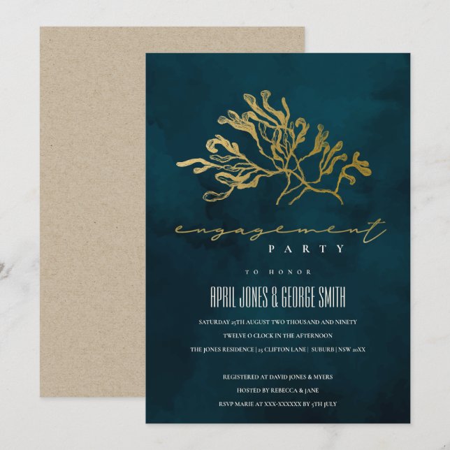 OR NAVY SOUS-MARINE ALGUES FIANÇAILLES INVITATION (Devant / Derrière)