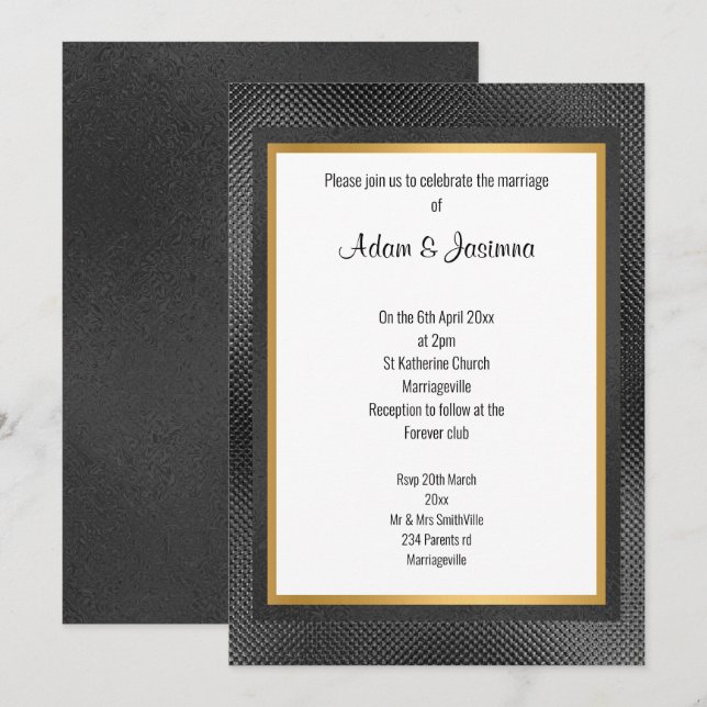 OR NOIR LAYÉ EMBOSSÉ MARIAGE 2 INVITATION (Devant / Derrière)