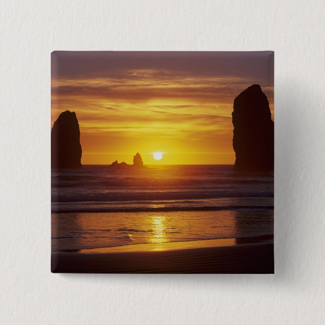 OR, Oregon Coast, Cannon Beach, seastacks at 2 2 Inch Square Button (Front)