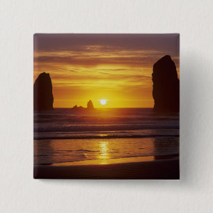 OR, Oregon Coast, Cannon Beach, seastacks at 2 Inch Square Button