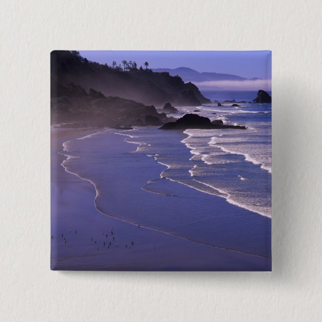OR, Oregon Coast, Ecola SP, Indian Beach with 2 Inch Square Button (Front)