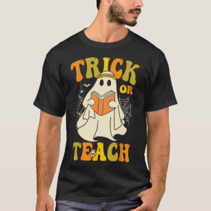 Or Teach Groovy Halloween Retro Floral Ghost Teach T-Shirt
