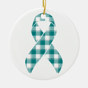 Oral Cancer Awareness Plaid Teal Ribbon Ceramic Ornament