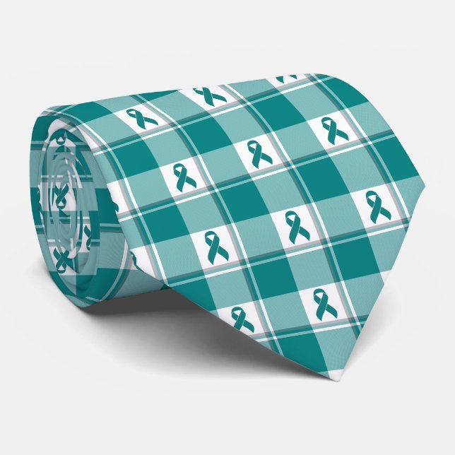 Oral Cancer Awareness Plaid Teal Ribbon Tie (Rolled)