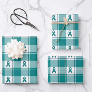 Oral Cancer Awareness Plaid Teal Ribbon Wrapping Paper Sheet