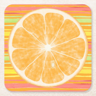 Orang Citrus Slice on Stripes Square Paper Coaster